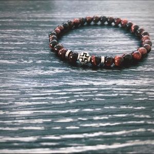 AEGEUS BRACELET made with 6mm red tiger eye stones and an antique silver cross